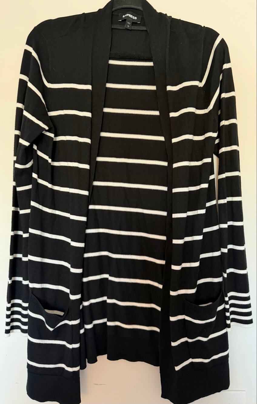 Express Black Ivory Striped Longline Open Front Cardigan Sweater Large